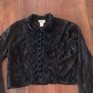 Vintage April Cornell, Black Mesh Cardigan with  appliqué design, Sz L